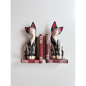 Vintage Handpainted Wood Cat Bookends